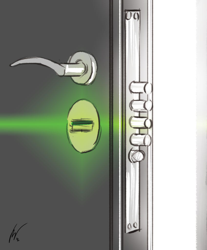 serratura di una porta blindata con al posto del buco della serratura una porta usb luminosa